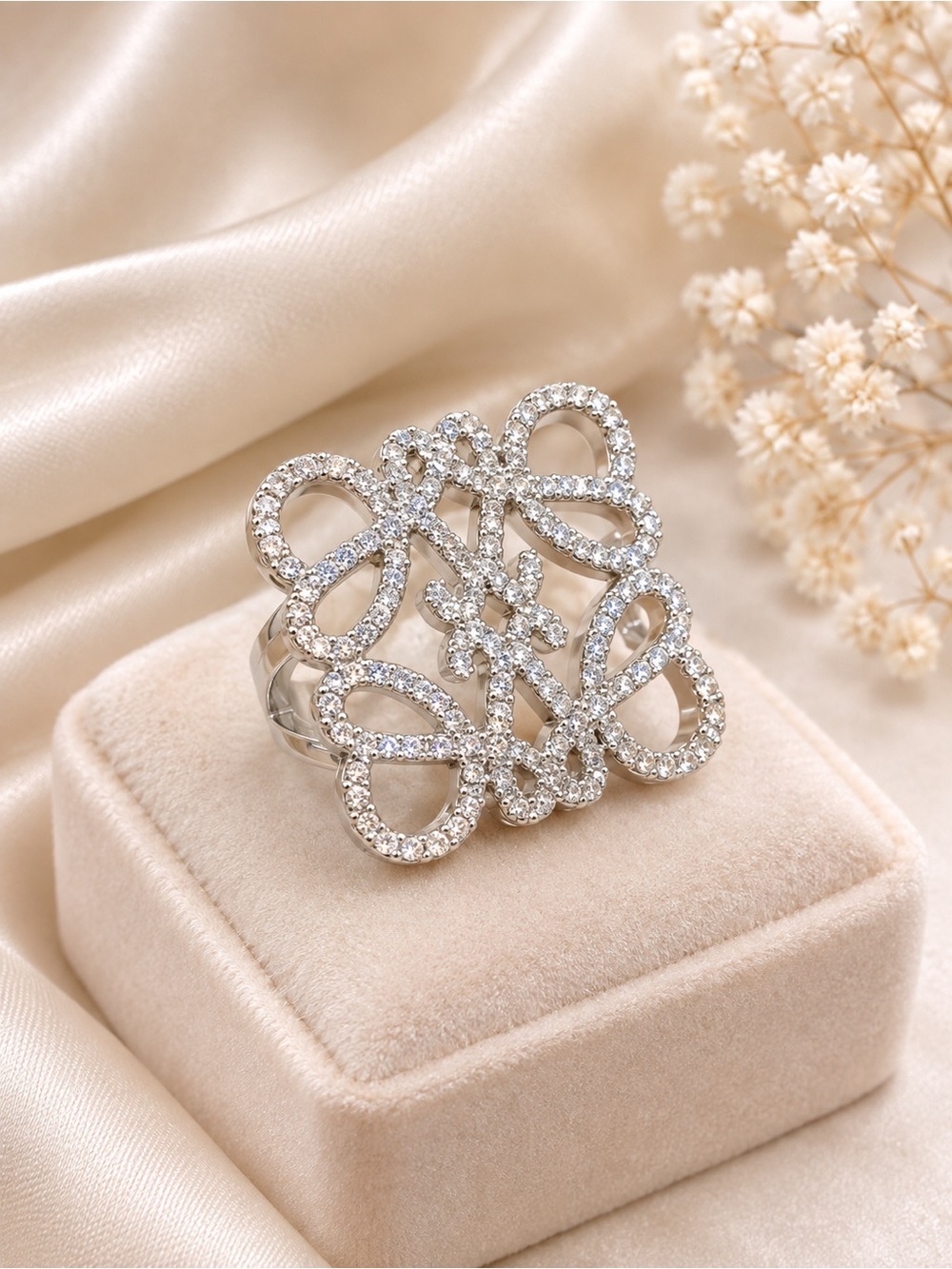 Silver Tone Rhinestone Filigree Statement Ring
